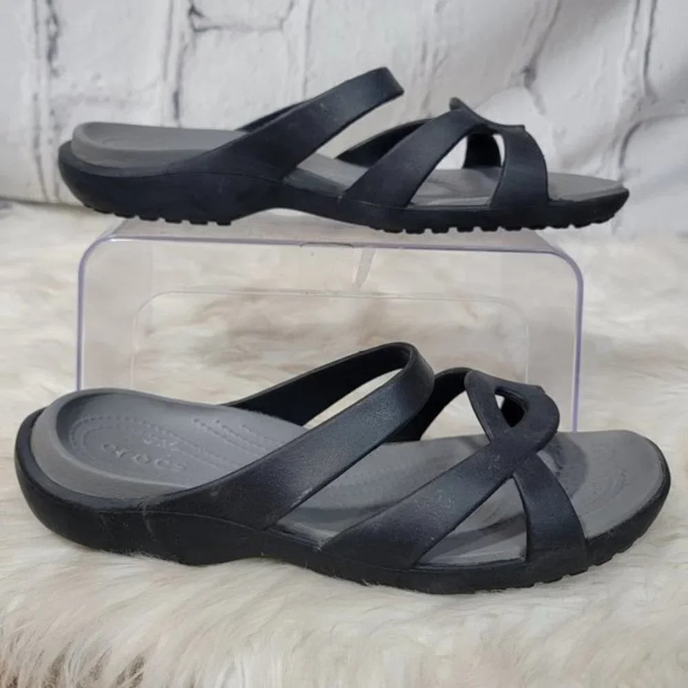 CROCS Womens size 10 Open Toe Slip On Low Wedge Strappy Slides Black Gray Casual